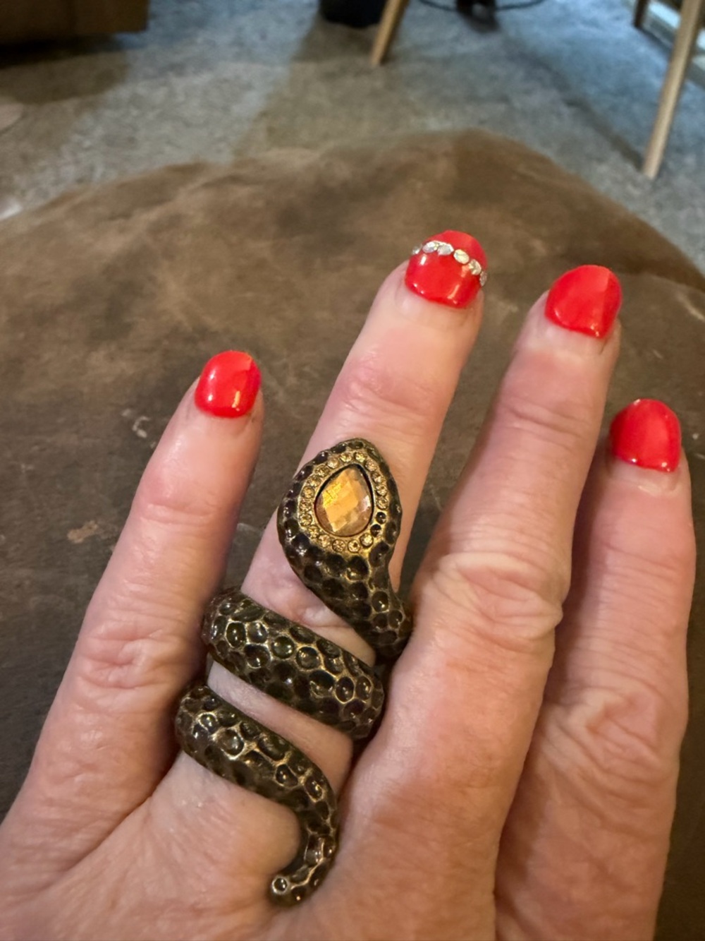 Antique Bronze Snake Wrap Ring with Amber Stone - Red Accent